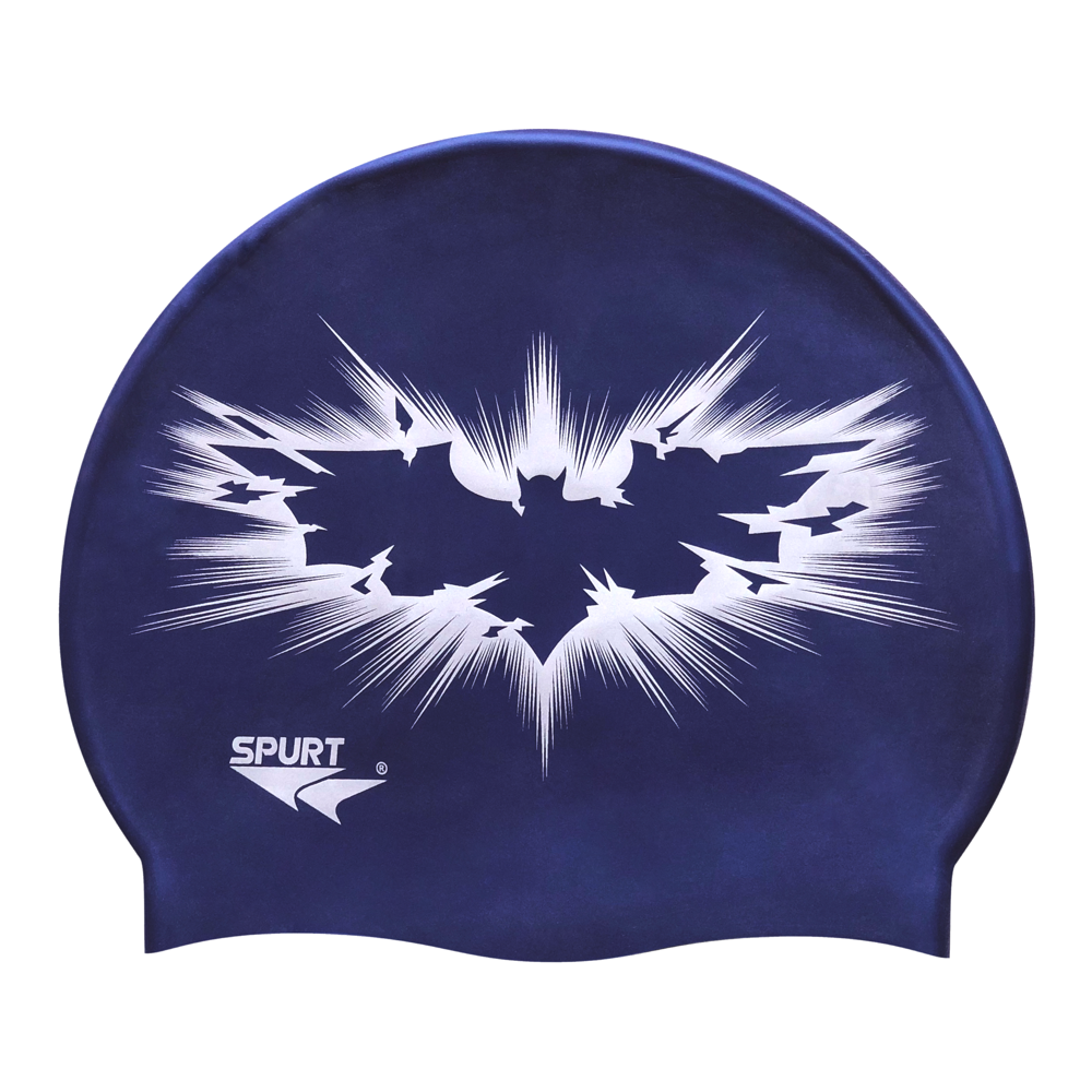 Bat Silhouette Fractured in Silver on SD16 Metallic Navy Spurt Silicone Swim Cap