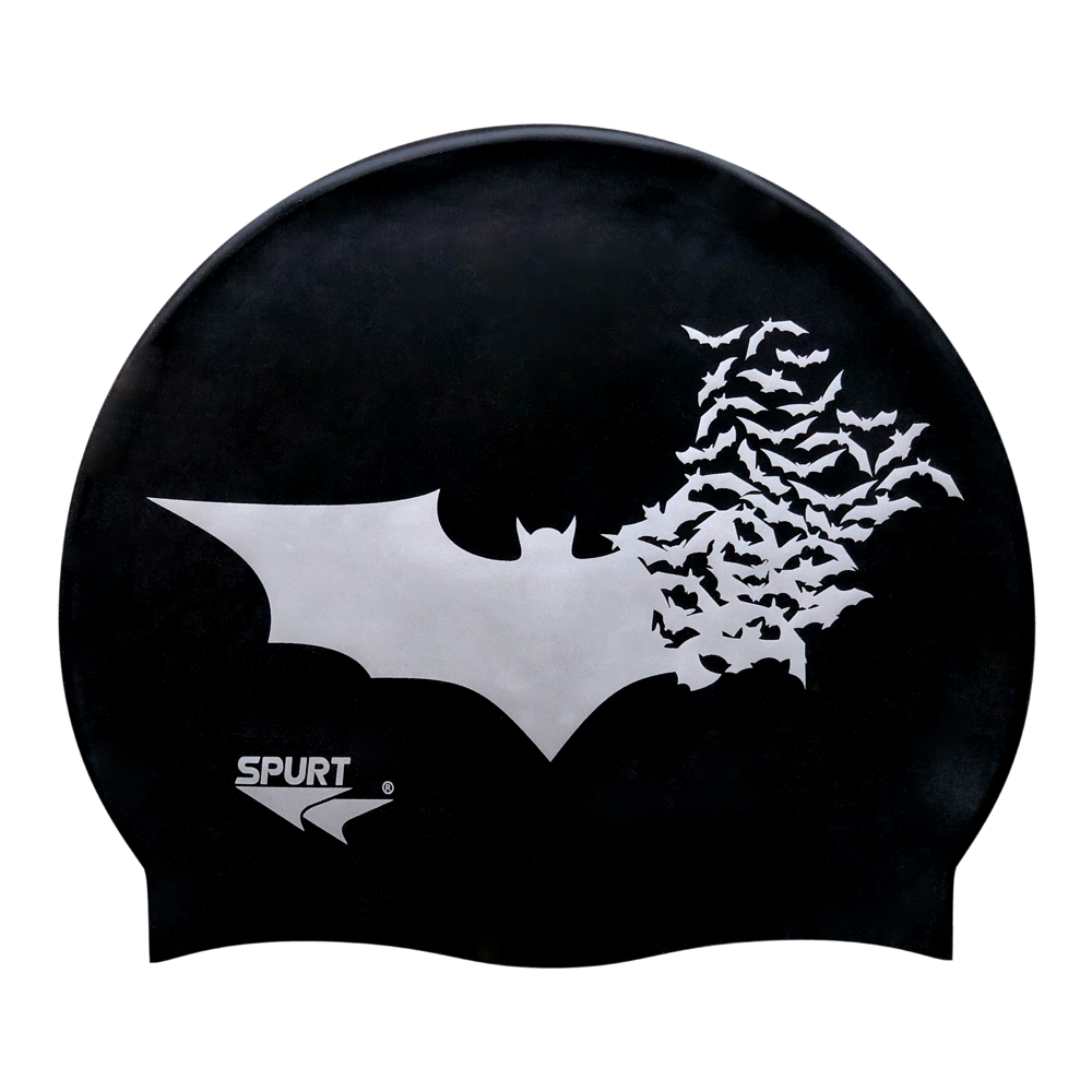 Bat with Scattering Bat Silhouettes in Silver on F209 Deep Black Spurt Silicone Swim Cap