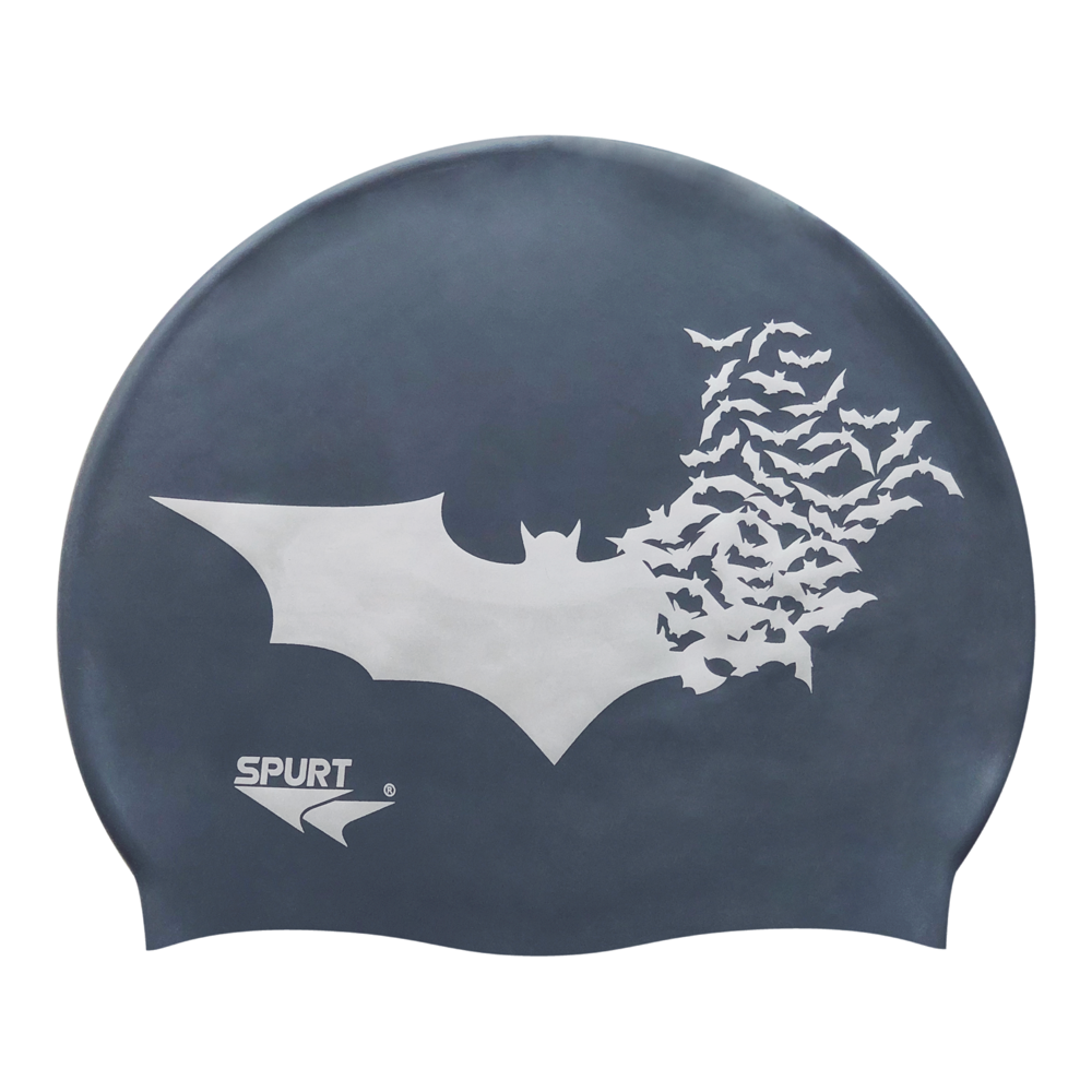 Bat with Scattering Bat Silhouettes in Silver on F210 Dark Grey Spurt Silicone Swim Cap