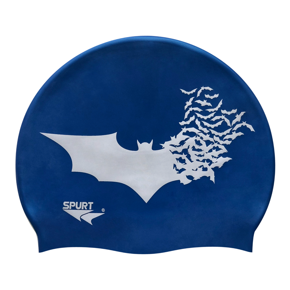 Bat with Scattering Bat Silhouettes in Silver on SE25 Dark Blue Spurt Silicone Swim Cap