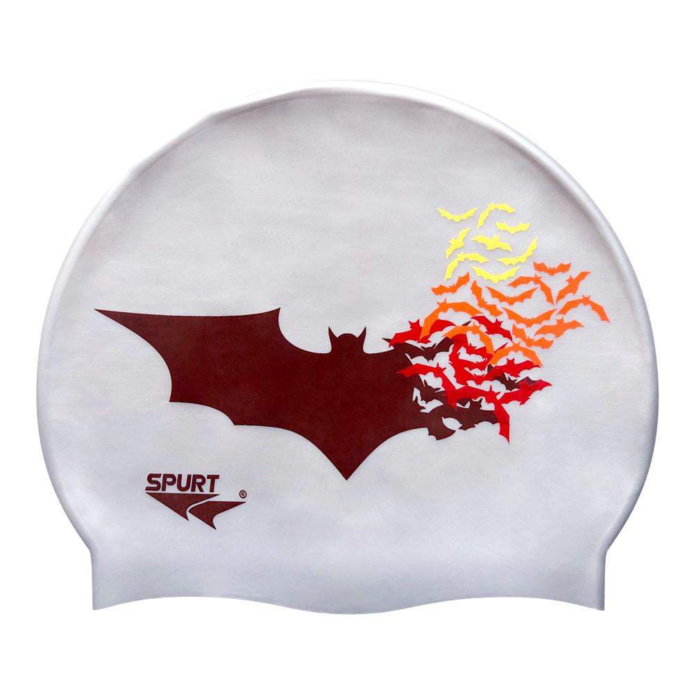 Bat with Scattering Bat Silhouettes in Warm Colours on SD11 Silver Spurt Silicone Swim Cap