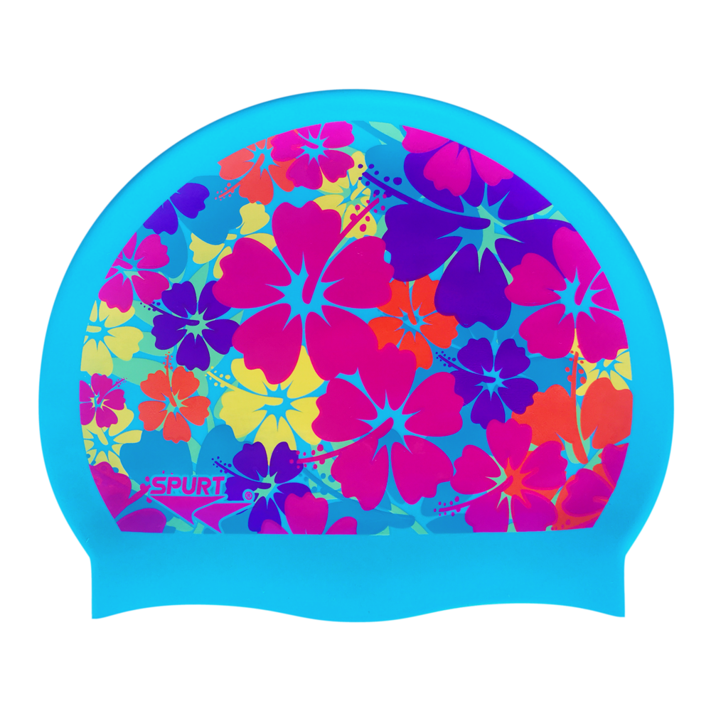 Bright Tropical Flowers on F230 Light Sky Blue Spurt Silicone Swim Cap