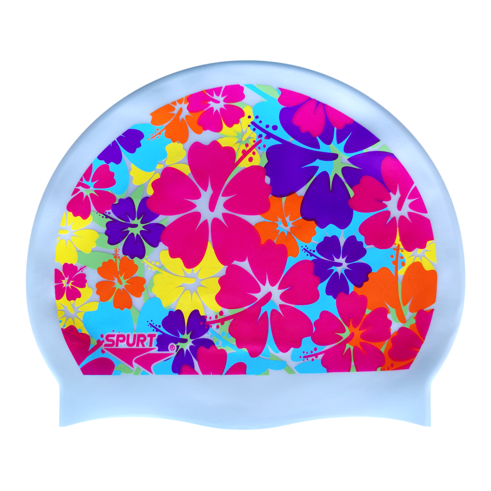 Bright Tropical Flowers on G101 Pale Blue Spurt Silicone Swim Cap