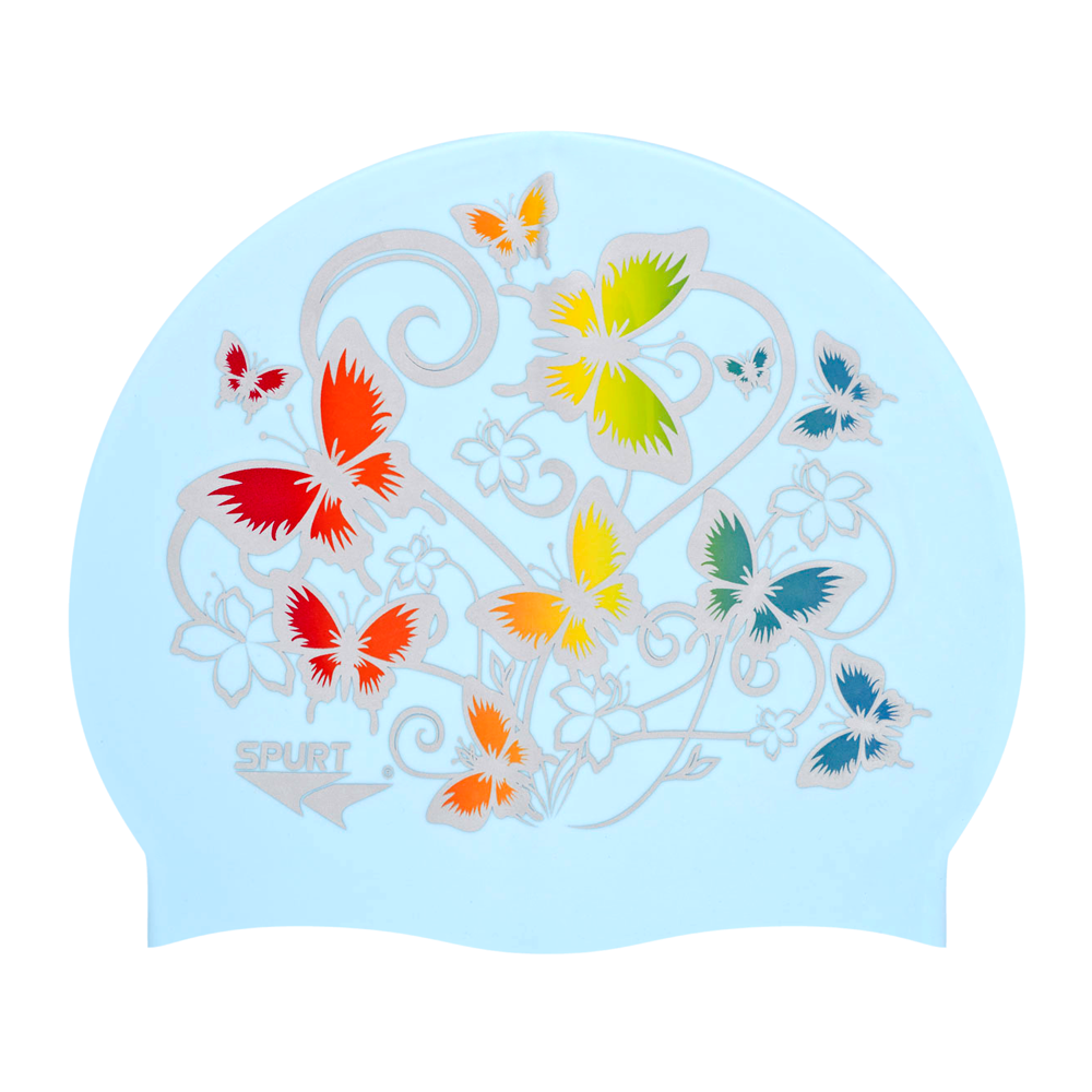 Butterflies in Floral Pattern on F242 Light Blue Spurt Silicone Swim Cap