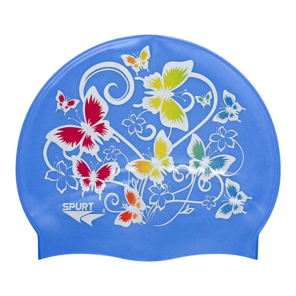Butterflies in Floral Pattern on SB12 Lavender Blue Spurt Silicone Swim Cap