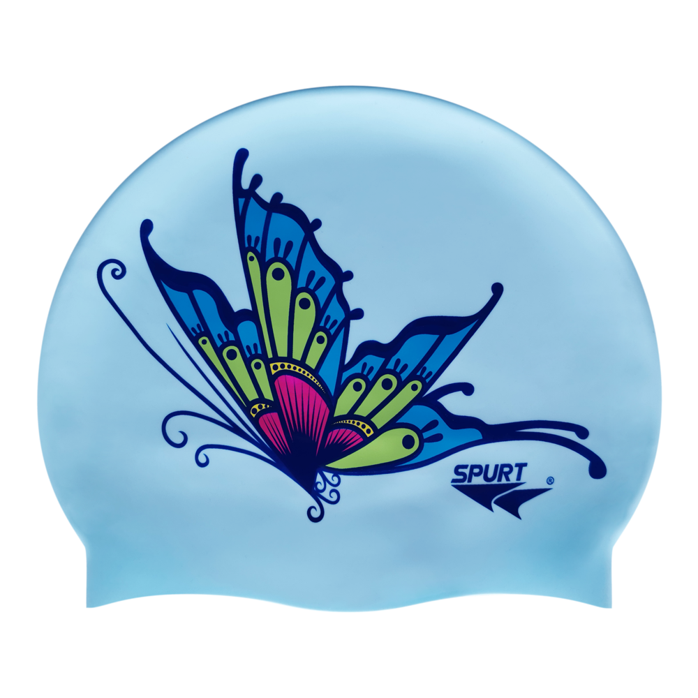 Butterfly Mirror Image on F242 Light Blue Spurt Silicone Swim Cap