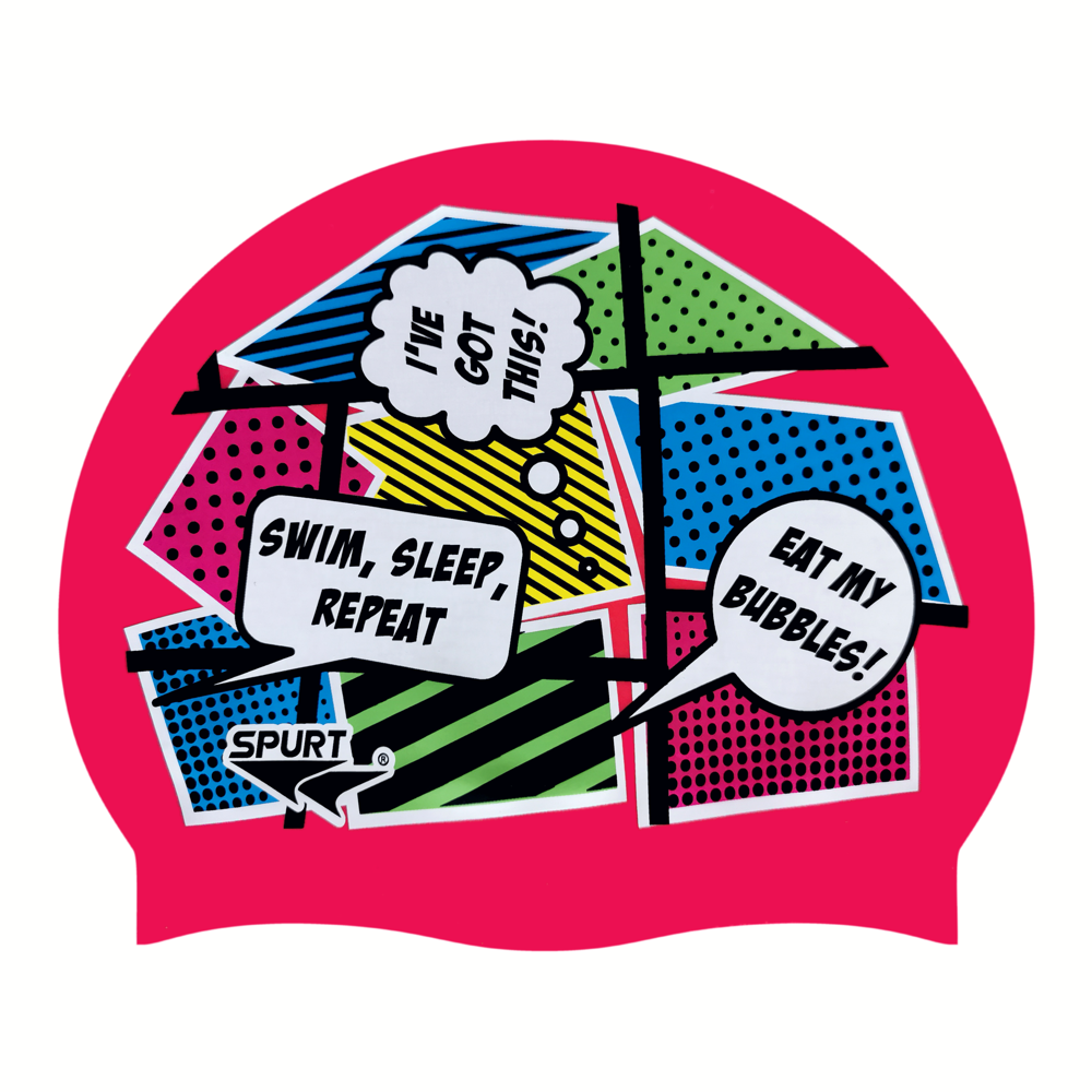 Comic Book Style with Speech Bubbles on F204 Dark Cerise Spurt Silicone Swim Cap