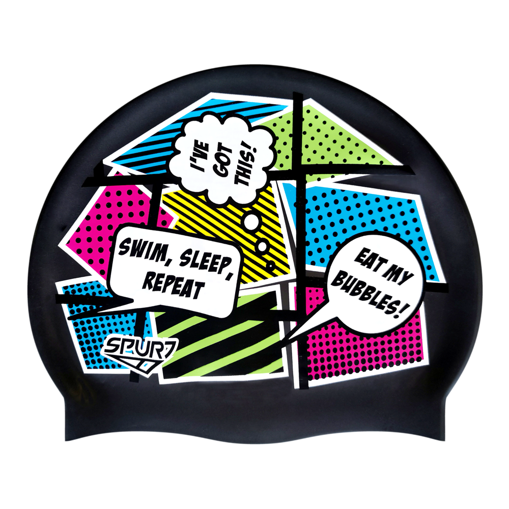 Comic Book Style with Speech Bubbles on SB14 Metallic Black Spurt Silicone Swim Cap