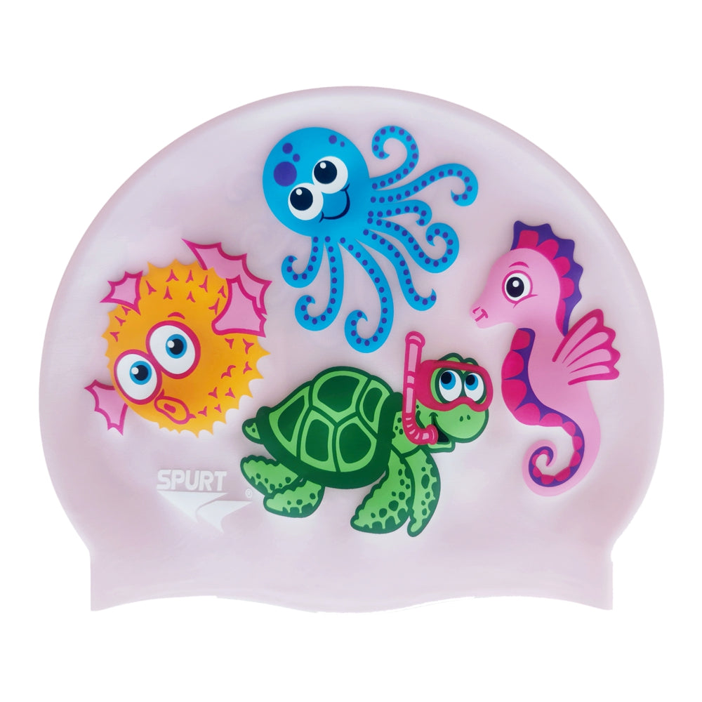 Cute Sea Creatures on G104 Pale Pink Junior Spurt Silicone Swim Cap