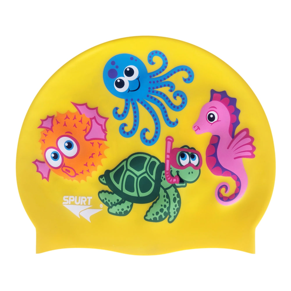 Cute Sea Creatures on SC17 Sunflower Yellow Junior Spurt Silicone Swim Cap