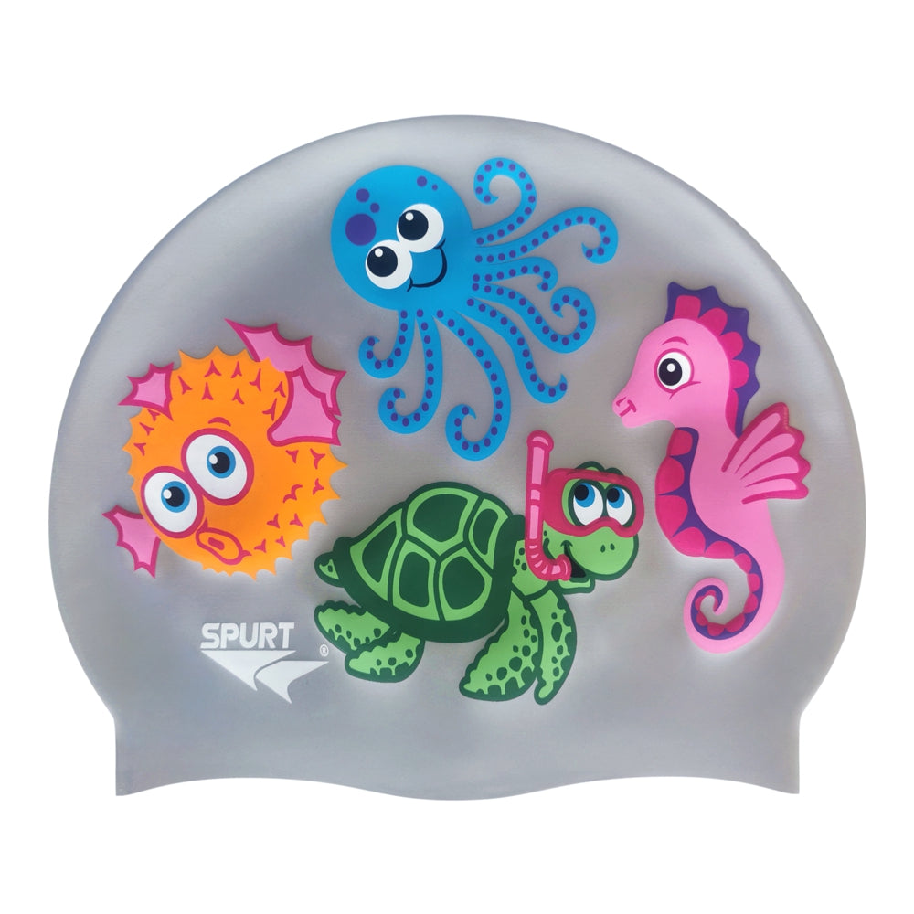 Cute Sea Creatures on SD11 Silver Junior Spurt Silicone Swim Cap