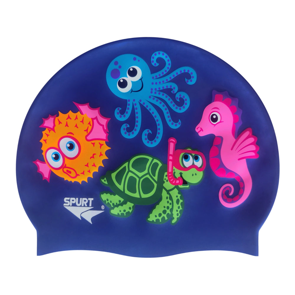 Cute Sea Creatures on SD16 Metallic Navy Junior Spurt Silicone Swim Cap