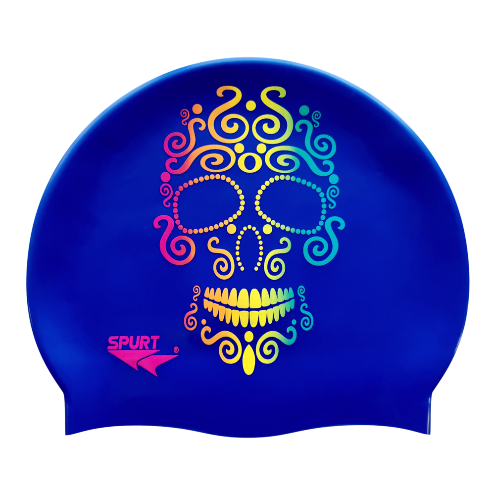 Candy Skull in Rainbow Blend on SE25 Dark Blue Spurt Silicone Swim Cap