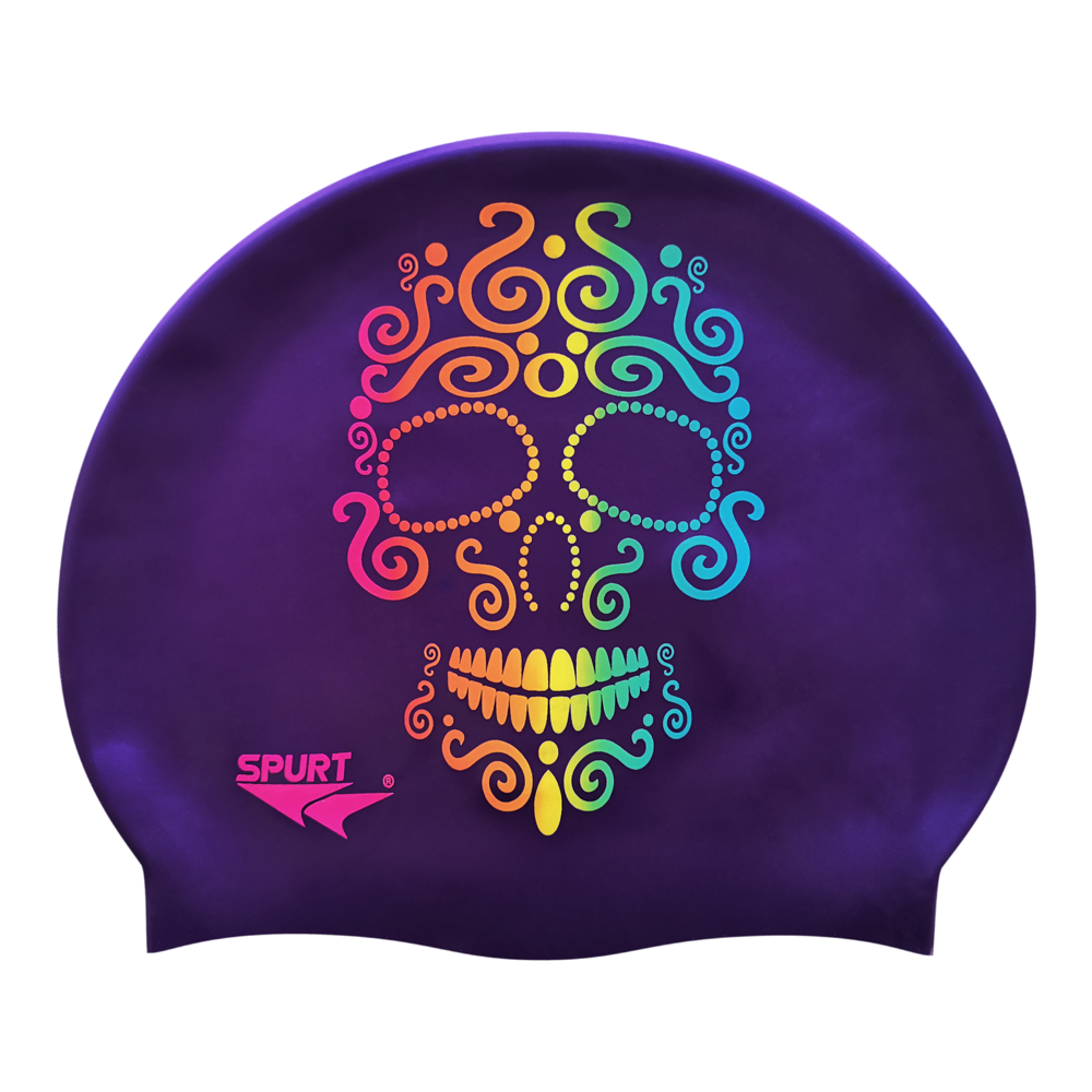 Candy Skull in Rainbow Blend on SH73 Royal Purple Spurt Silicone Swim Cap