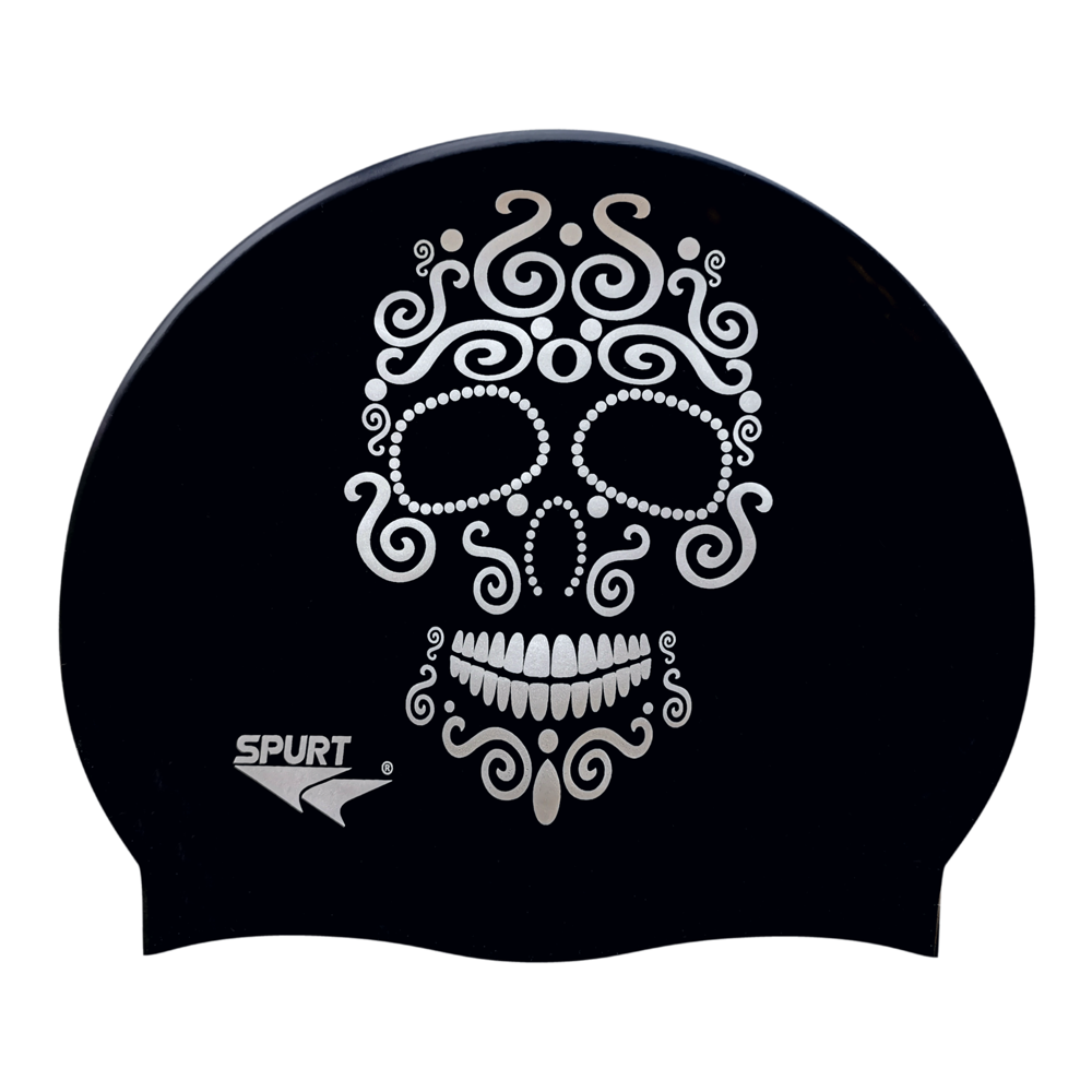 Candy Skull in Silver on F209 Deep Black Spurt Silicone Swim Cap