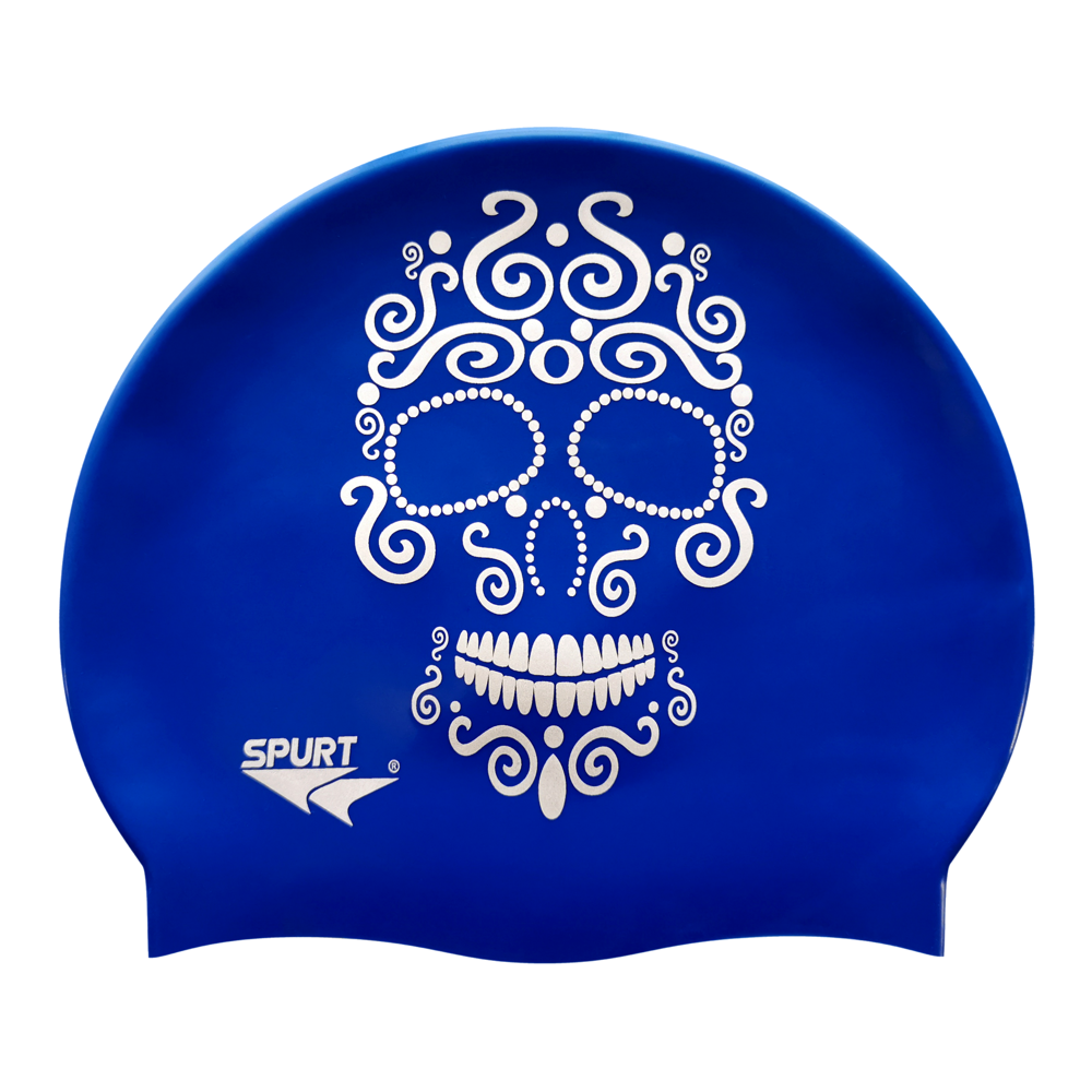 Candy Skull in Silver on SE25 Dark Blue Spurt Silicone Swim Cap