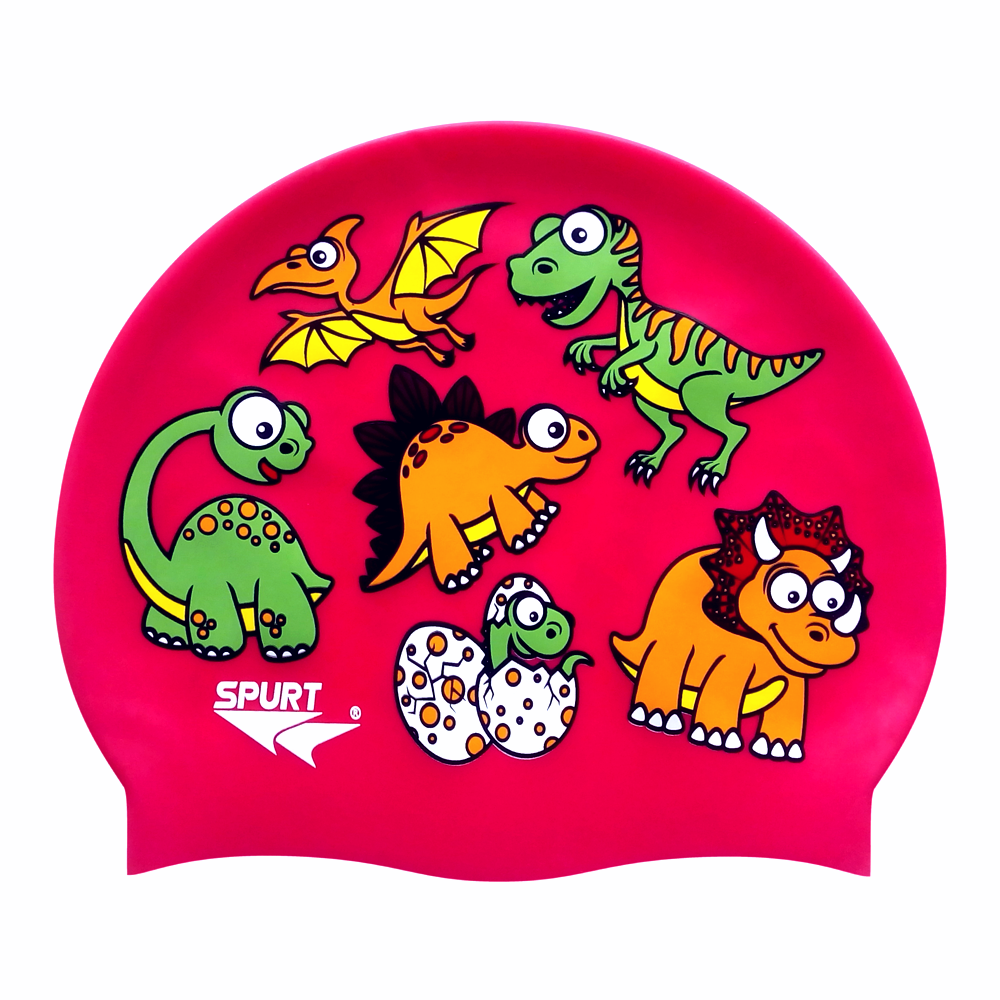 Dino Scattered Kiddie on F204 Dark Cerise Spurt Silicone Swim Cap