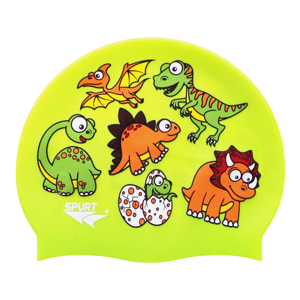 Dino Scattered Kiddie on F213 Neon Yellow Spurt Silicone Swim Cap