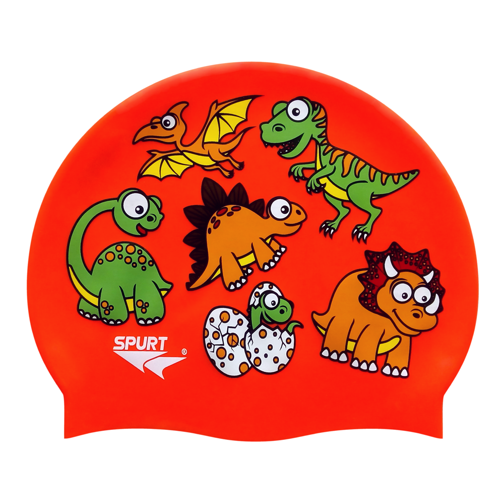 Dino Scattered Kiddie on F214 Neon Coral Spurt Silicone Swim Cap