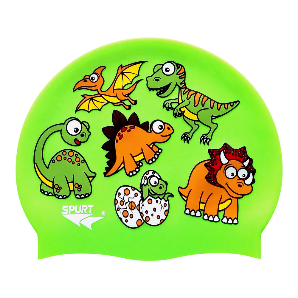 Dino Scattered Kiddie on F233 Neon Green Spurt Silicone Swim Cap