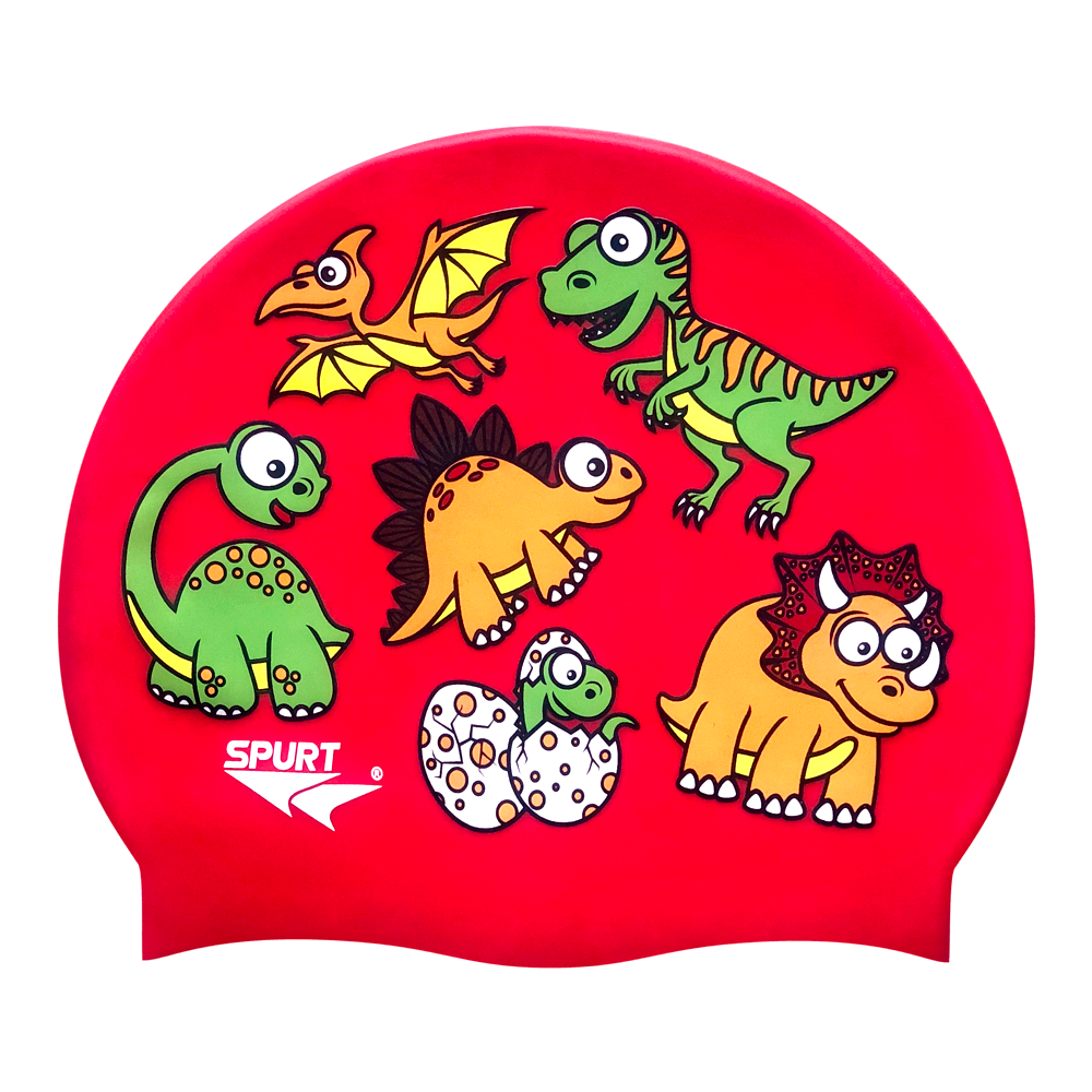 Dino Scattered Kiddie on F246 Crimson Red Spurt Silicone Swim Cap