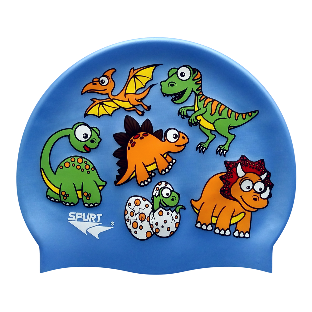 Dino Scattered Kiddie on SB12 Lavender Blue Spurt Silicone Swim Cap