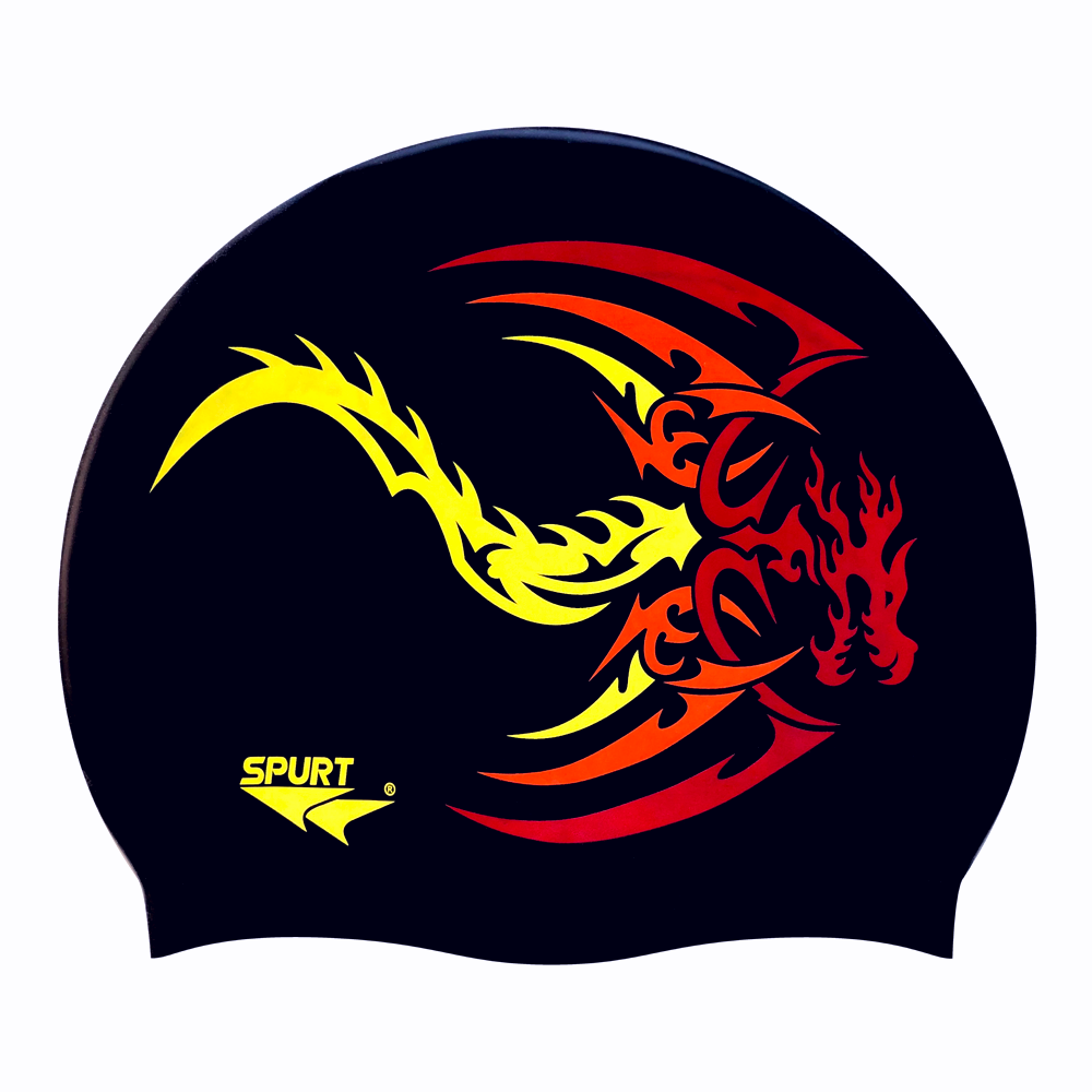 Dragon Tribal Flaming Design Mirror Image on F209 Deep Black Spurt Silicone Swim Cap