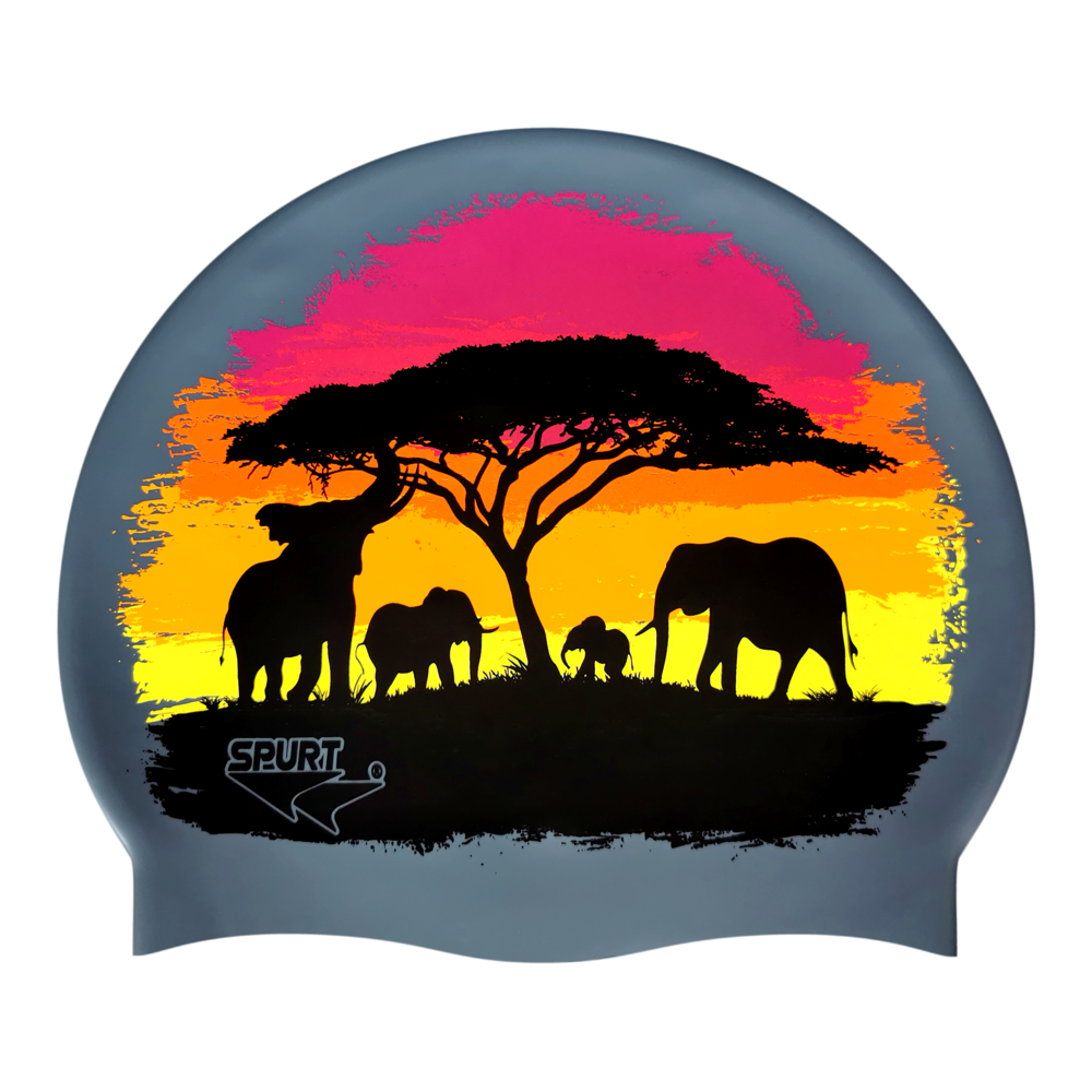 Elephants and Tree Silhouettes with Brushstroke Sunset on F210 Dark Grey Spurt Silicone Swim Cap
