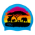 Elephants and Tree Silhouettes with Brushstroke Sunset on F218 Sky Blue Spurt Silicone Swim Cap