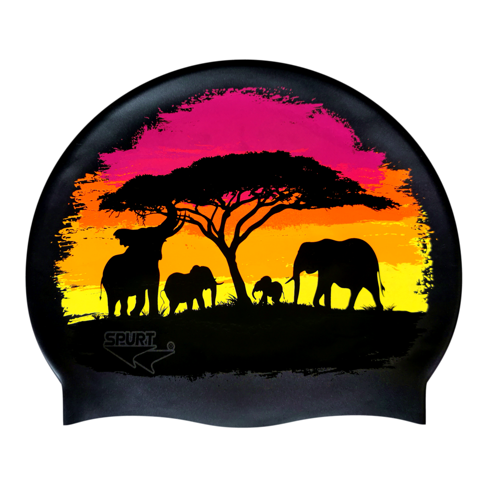 Elephants and Tree Silhouettes with Brushstroke Sunset on SB14 Metallic Black Spurt Silicone Swim Cap