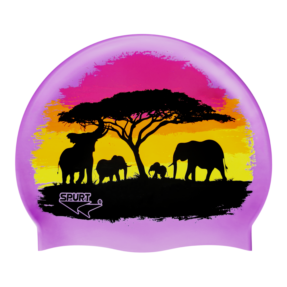 Elephants and Tree Silhouettes with Brushstroke Sunset on SB18 Violet Spurt Silicone Swim Cap