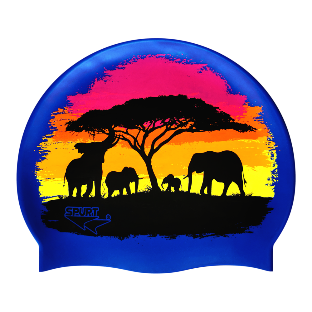 Elephants and Tree Silhouettes with Brushstroke Sunset on SE25 Dark Blue Spurt Silicone Swim Cap