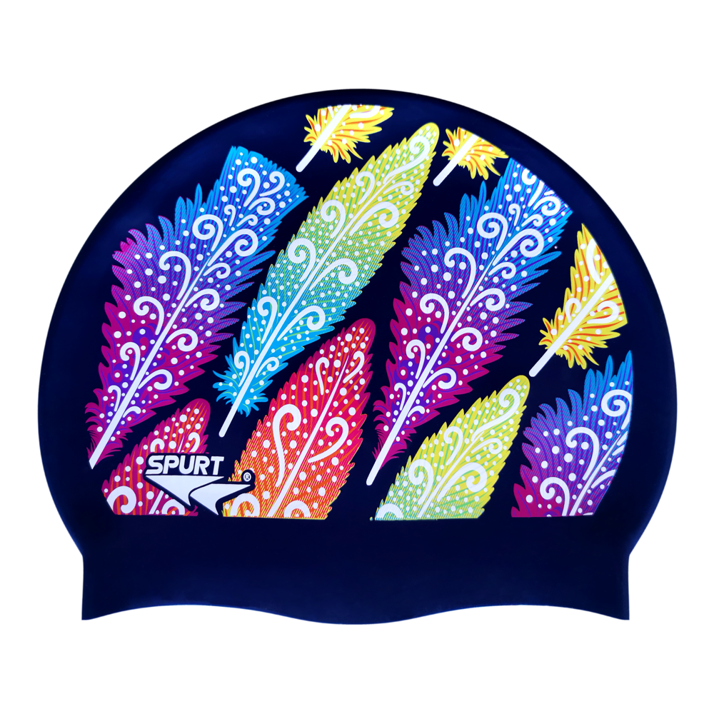 Funky Feathers on F208 Dark Navy Spurt Silicone Swim Cap