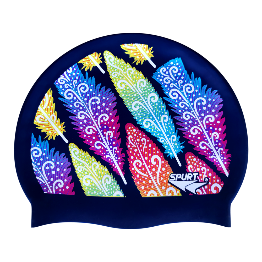 Funky Feathers on F208 Dark Navy Spurt Silicone Swim Cap