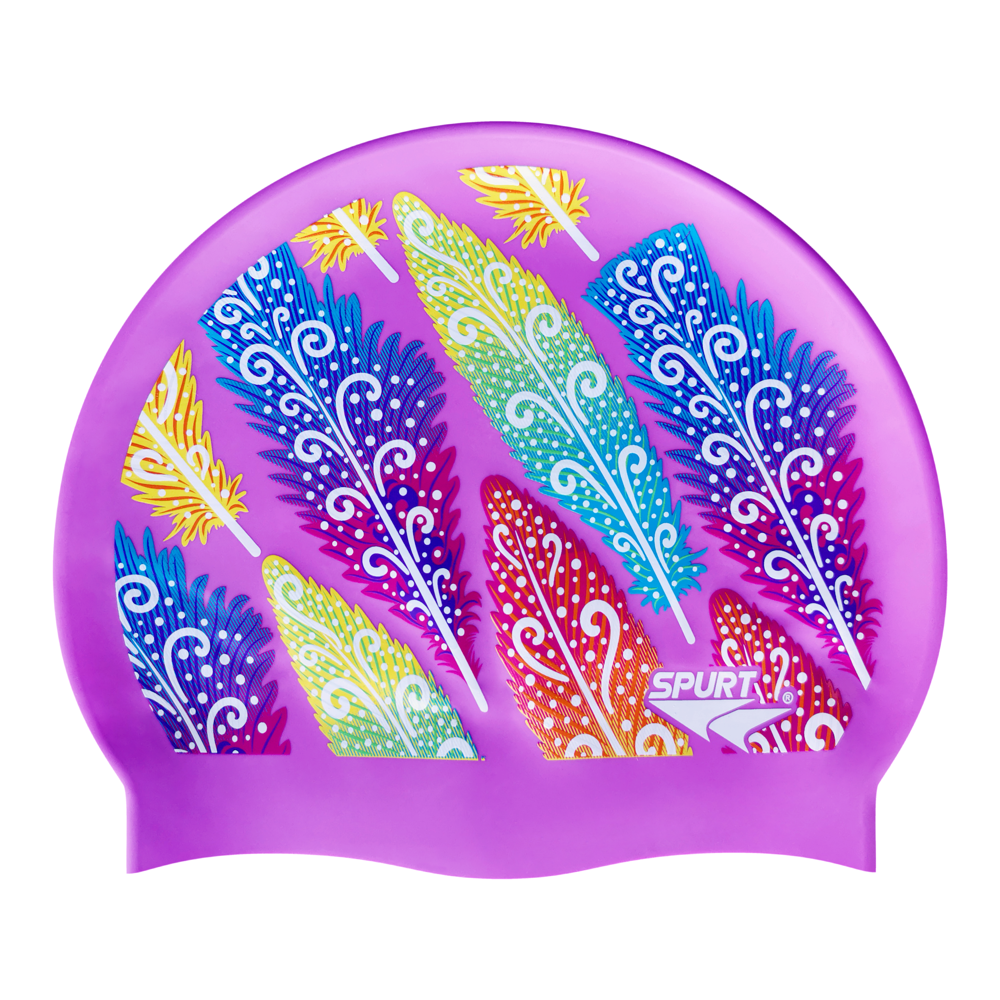 Funky Feathers on F228 Light Violet Spurt Silicone Swim Cap