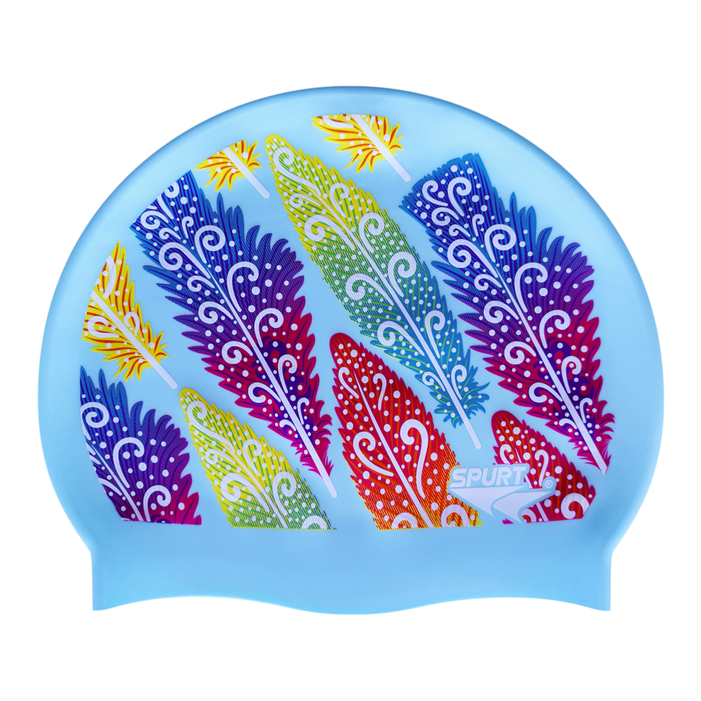 Funky Feathers on F242 Light Blue Spurt Silicone Swim Cap