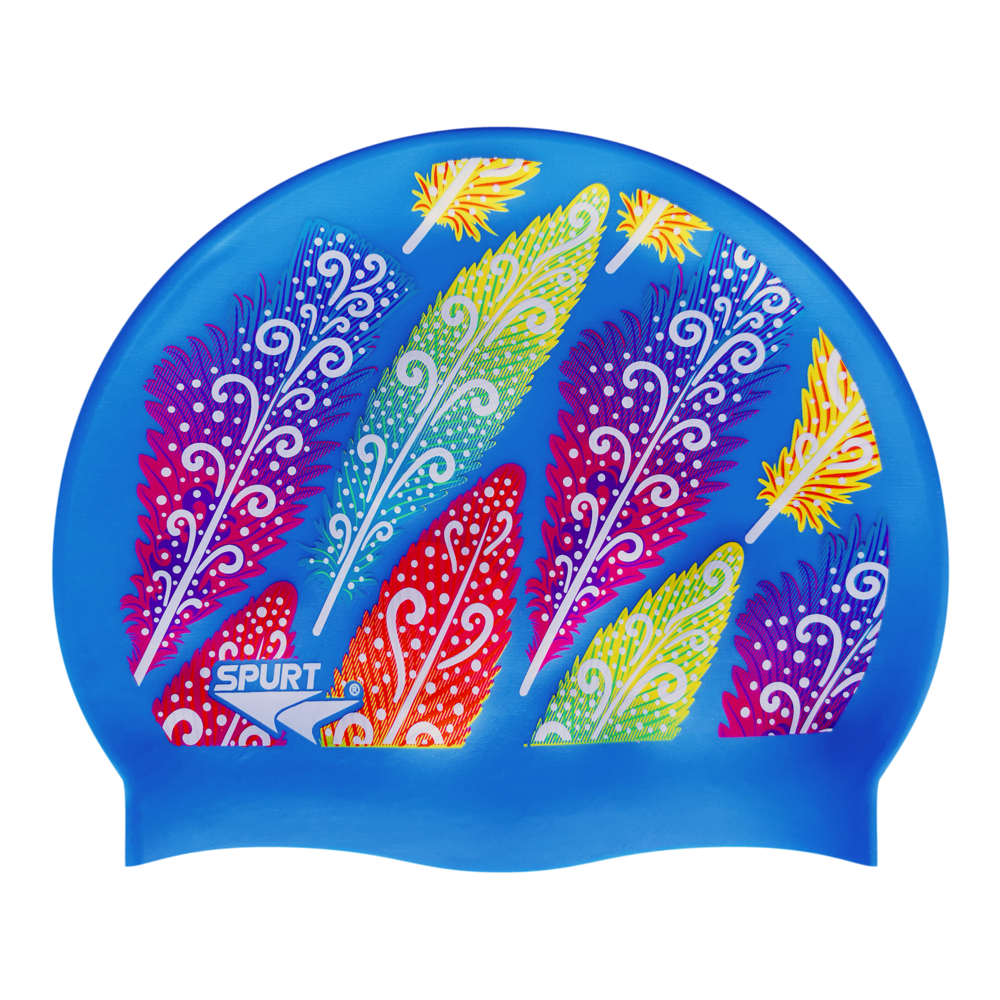 Funky Feathers on SB12 Lavender Blue Spurt Silicone Swim Cap