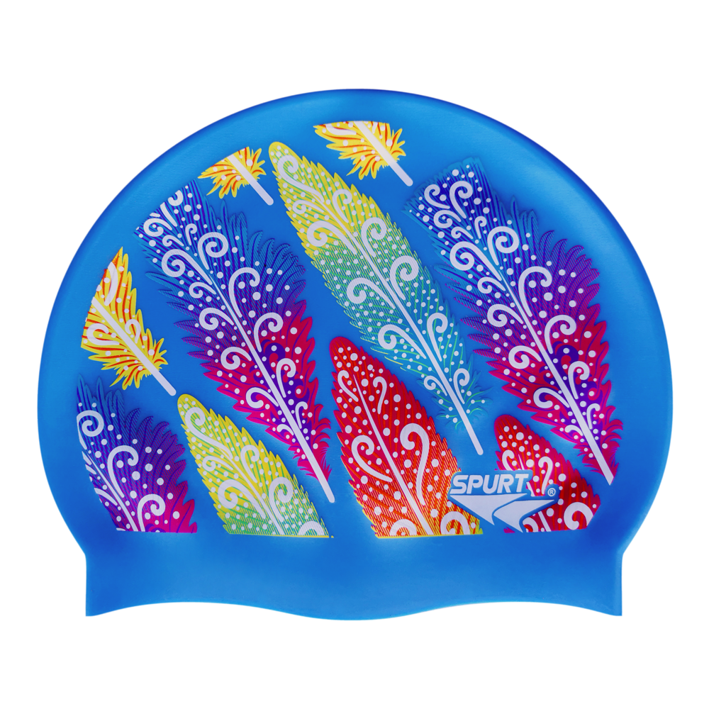 Funky Feathers on SB12 Lavender Blue Spurt Silicone Swim Cap