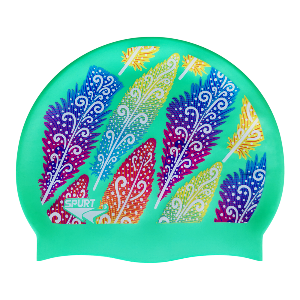 Funky Feathers on SB13 Light Green Spurt Silicone Swim Cap