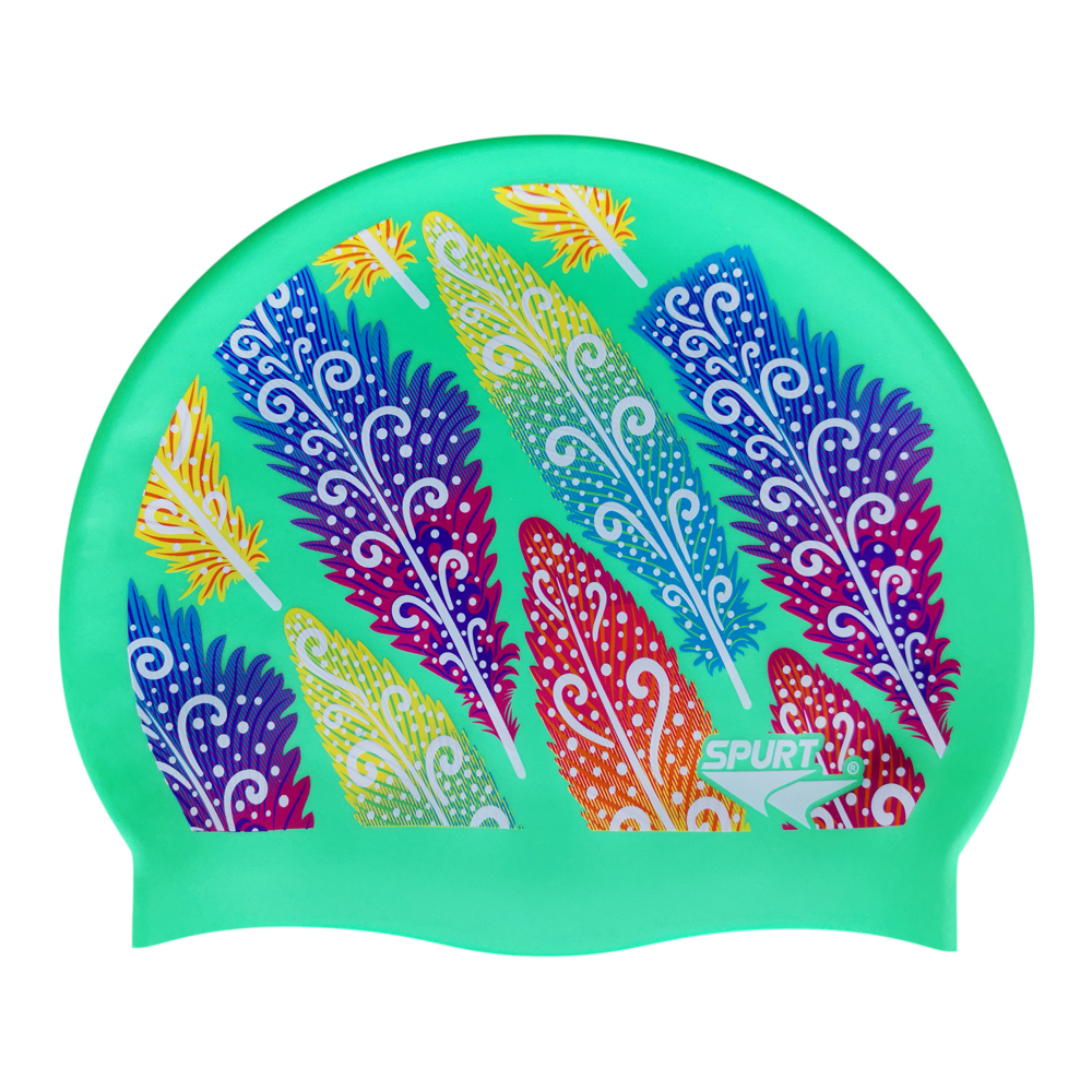 Funky Feathers on SB13 Light Green Spurt Silicone Swim Cap