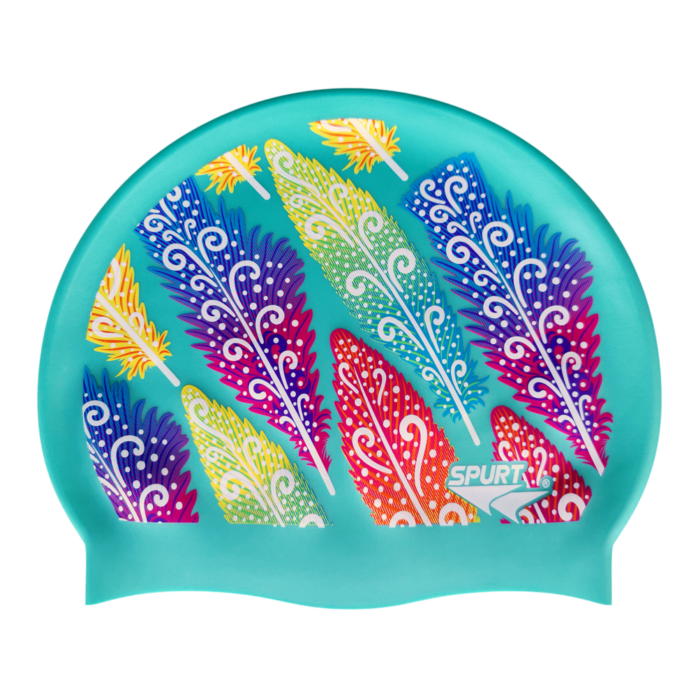 Funky Feathers on SD13 Pale Aquamarine Green Spurt Silicone Swim Cap