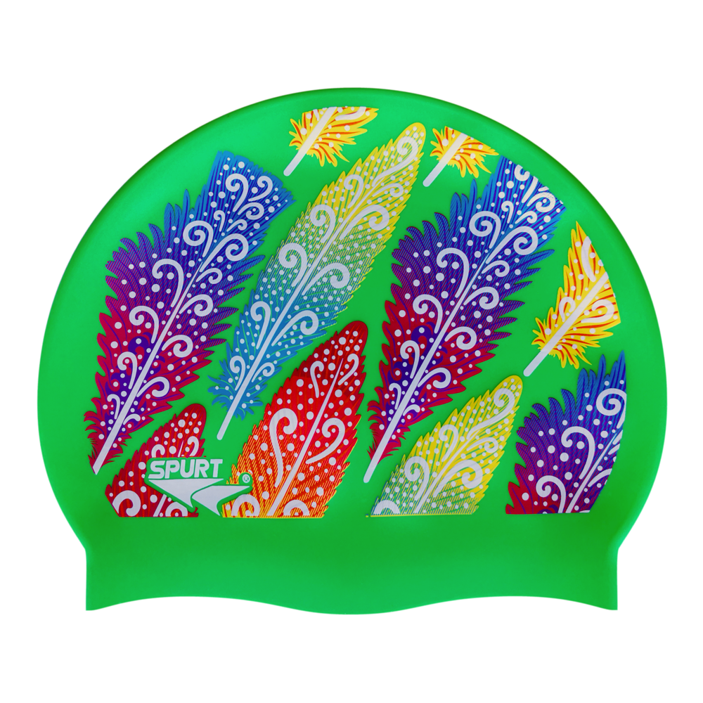 Funky Feathers on SE24 Vivid Green Spurt Silicone Swim Cap