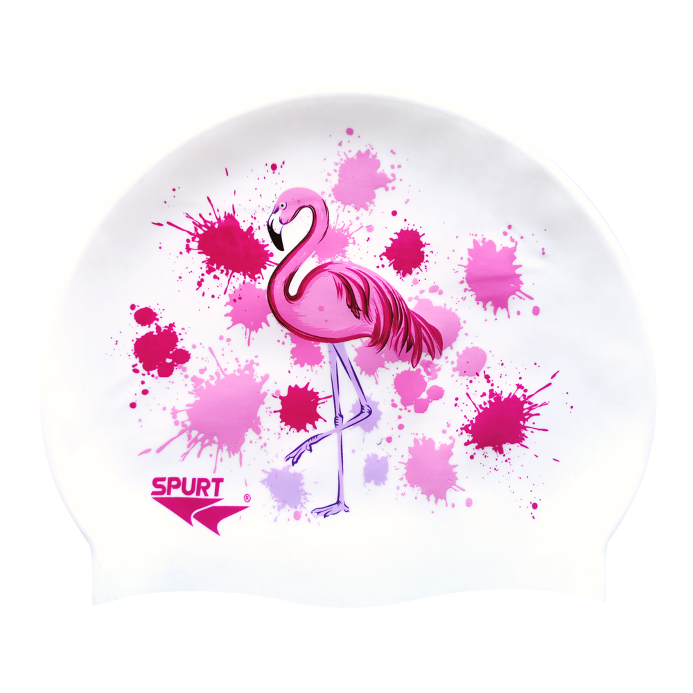 Flamingo in Splashes on F211 Cool White Spurt Silicone Swim Cap