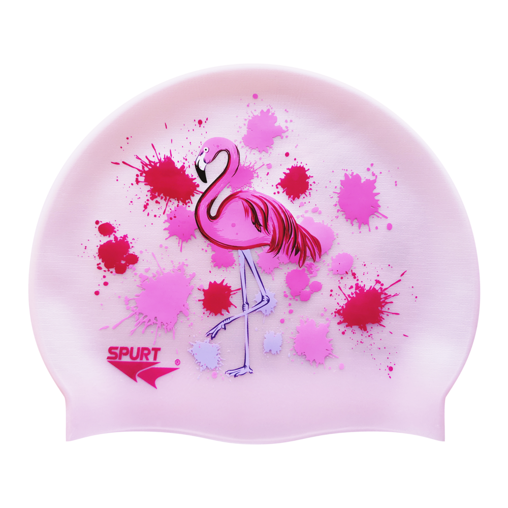 Flamingo in Splashes on G104 Pale Pink Spurt Silicone Swim Cap