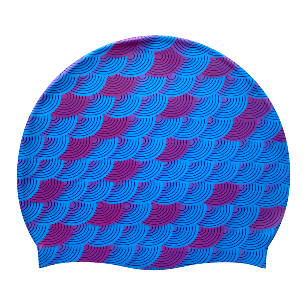 Fish Scales in Violet and Purple on F218 Sky Blue Spurt Silicone Swim Cap