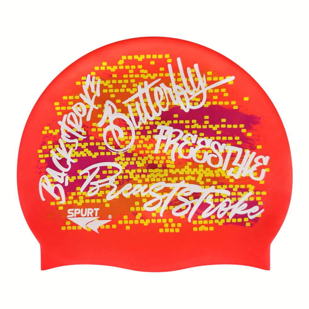 Graffiti Swimming Stroke Names and Grunge Paint on F214 Neon Coral Spurt Silicone Swim Cap