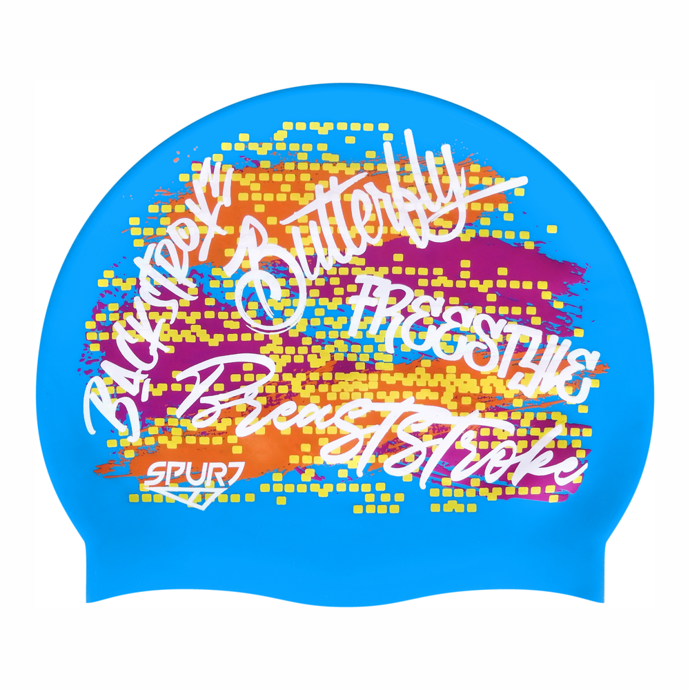Graffiti Swimming Stroke Names and Grunge Paint on F218 Sky Blue Spurt Silicone Swim Cap
