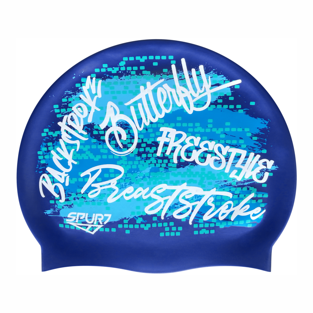 Graffiti Swimming Stroke Names and Grunge Paint on SD16 Metallic Navy Spurt Silicone Swim Cap