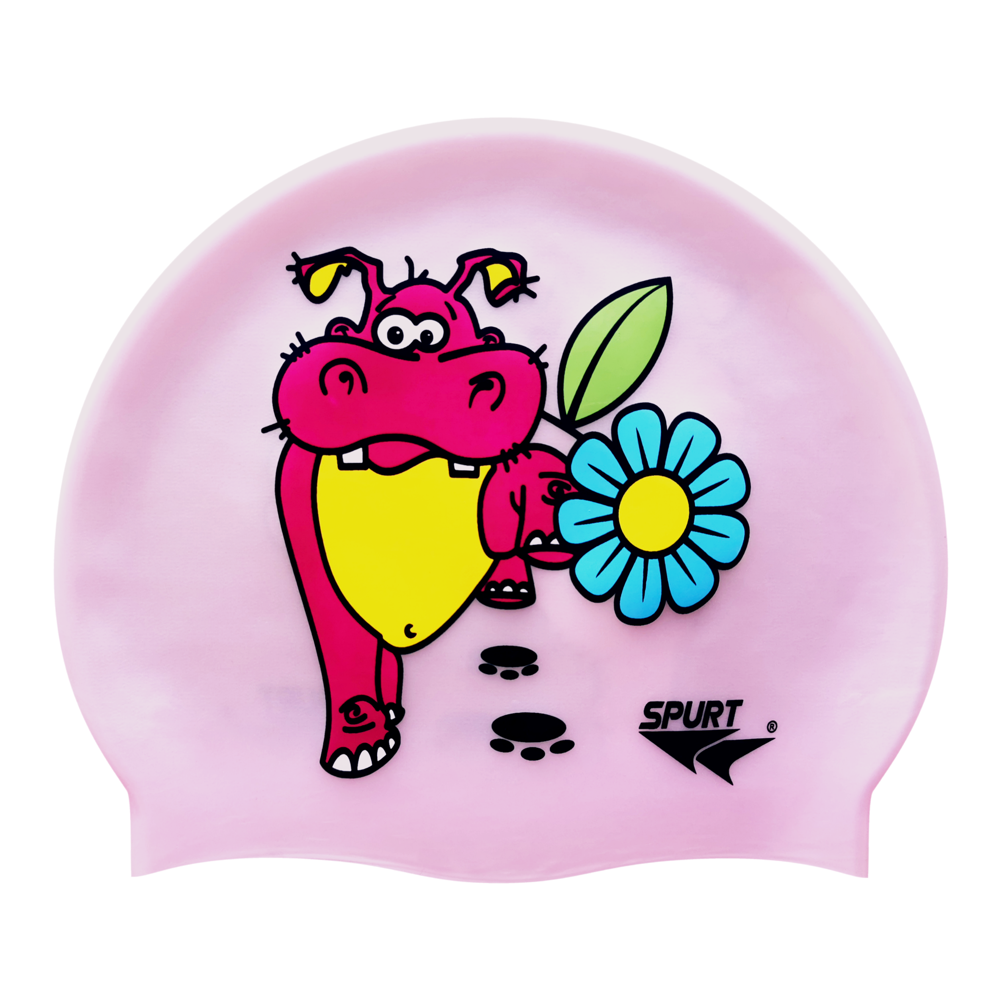 Hippo with Flower on G104 Pale Pink Junior Spurt Silicone Swim Cap