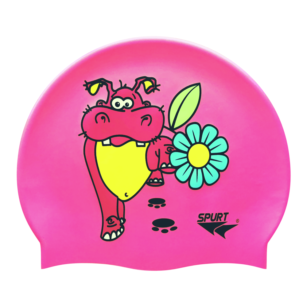 Hippo with Flower on SC16 Neon Pink Junior Spurt Silicone Swim Cap